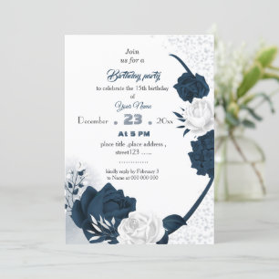 elegant navy &white flowers birthday  invitation