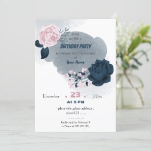 elegant navy & white flowers birthday invitation