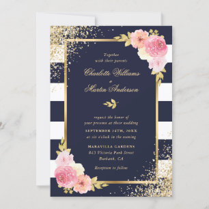 Elegant Navy White Gold Blush Pink Floral Wedding Invitation