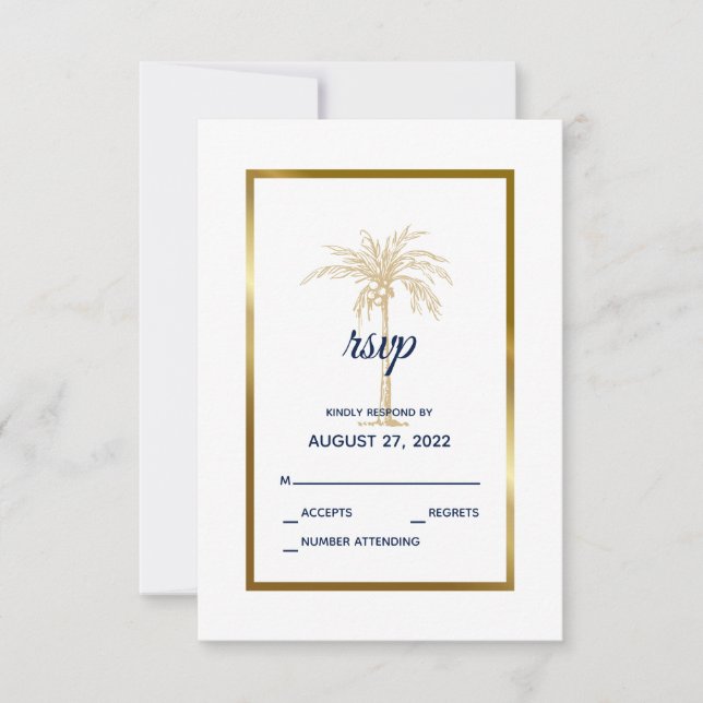 Elegant Navy White Gold Palm Tree Modern Wedding RSVP Card (Front)