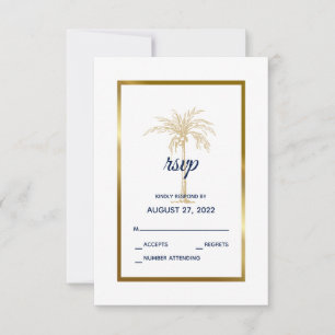 Elegant Navy White Gold Palm Tree Modern Wedding RSVP Card