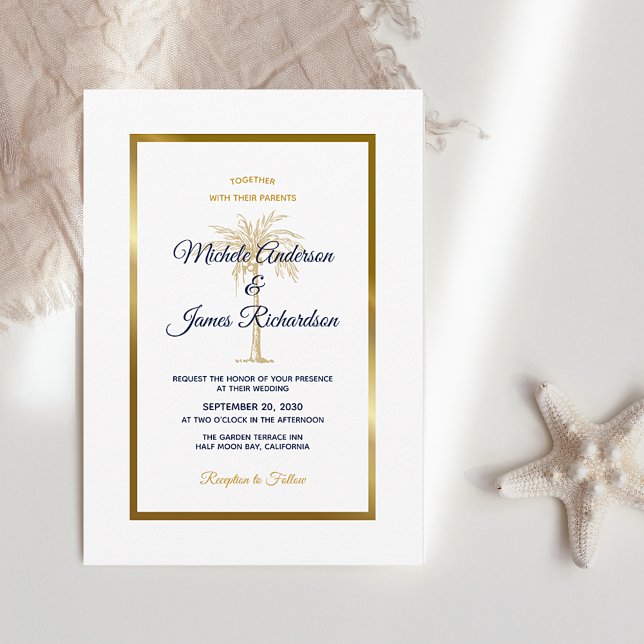 Elegant Navy White Gold Palm Tree Tropical Wedding Invitation (Creator Uploaded)