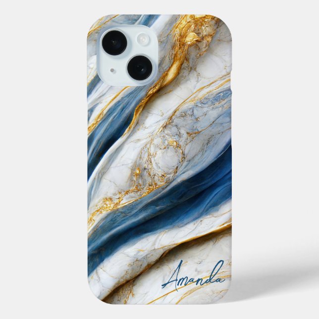 Elegant Navy White Gold Veins Marble Monogrammed Case-Mate iPhone Case (Back)