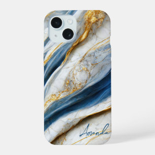 Elegant Navy White Gold Veins Marble Monogrammed iPhone 15 Case