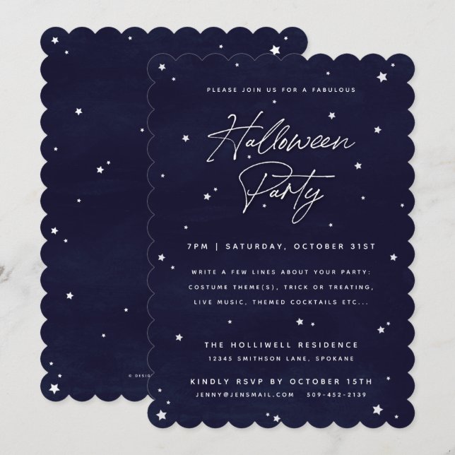 Elegant Navy + White Magical Stars Halloween Party Invitation (Front/Back)