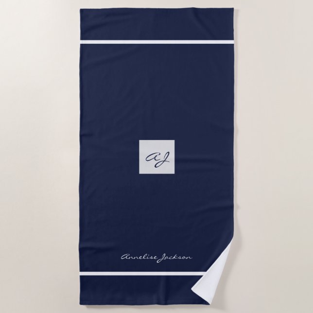 Elegant navy white modern monogrammed name beach towel (Front)