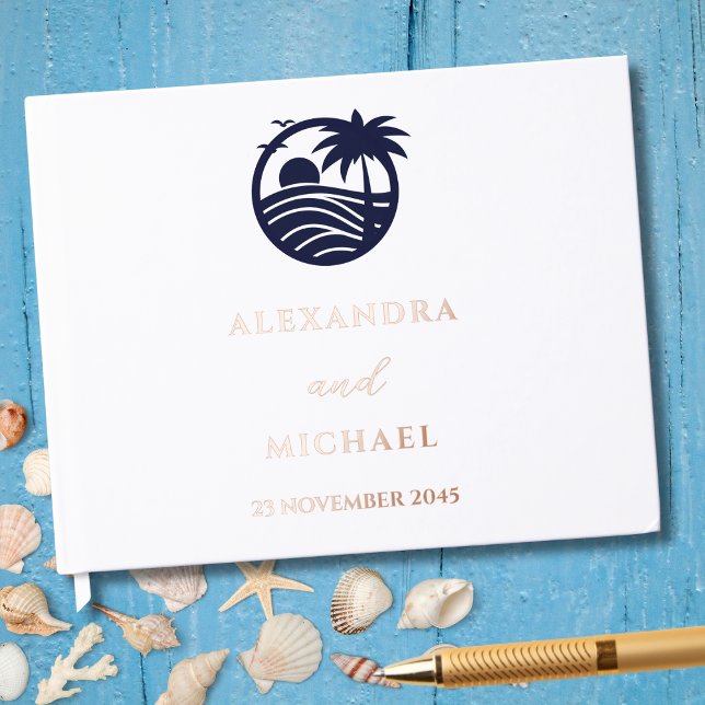Elegant Navy White Palm Tree Coastal Wedding Guest Book (Creator Uploaded)