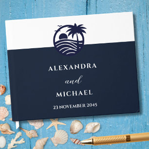 Elegant Navy White Palm Tree Coastal Wedding Guest Book