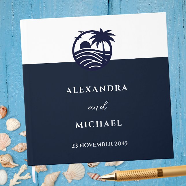 Elegant Navy White Palm Tree Coastal Wedding Guest Book (Creator Uploaded)