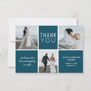 Elegant navy white photo collage wedding thank you card