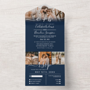 Elegant Navy White Photo Monogram Wedding RSVP All In One Invitation