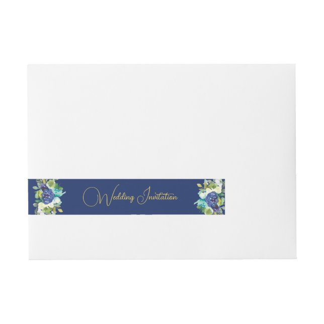 Elegant Navy & White Roses Yellow Gold Text Invite Wraparound Address Label (Front)
