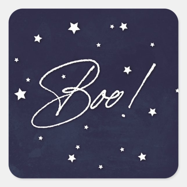 Elegant Navy+White Scattered Stars Boo! Halloween Square Sticker (Front)