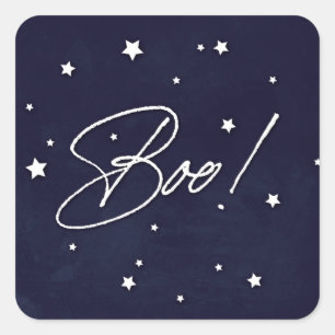 Elegant Navy+White Scattered Stars Boo! Halloween Square Sticker