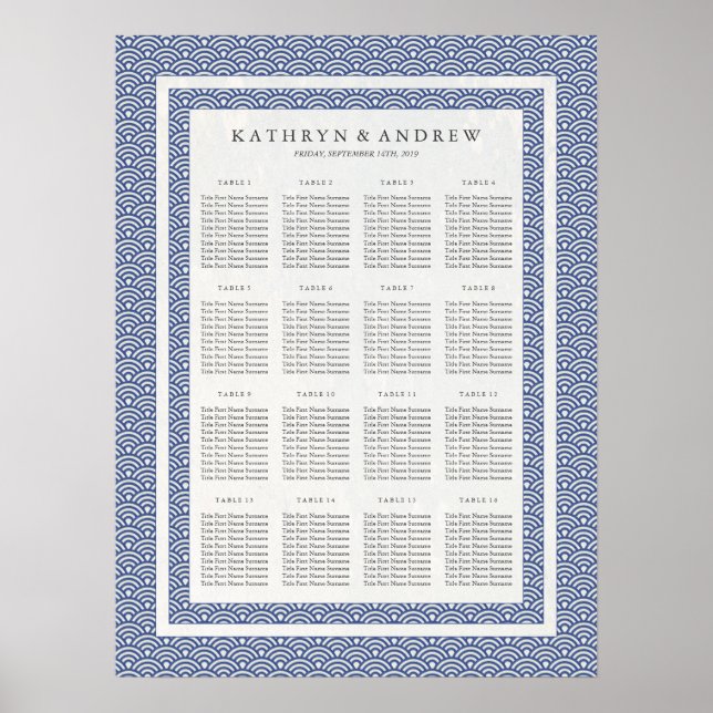 Elegant Navy+White Seigaiha Wedding Seating Chart (Front)