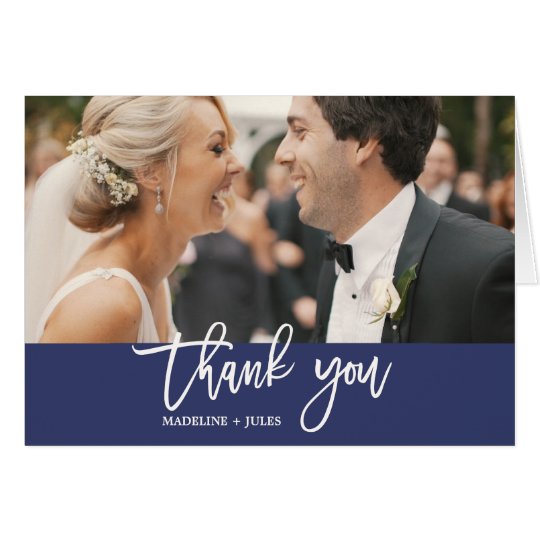Elegant Navy & White Text Overlay Photo Thank You Card