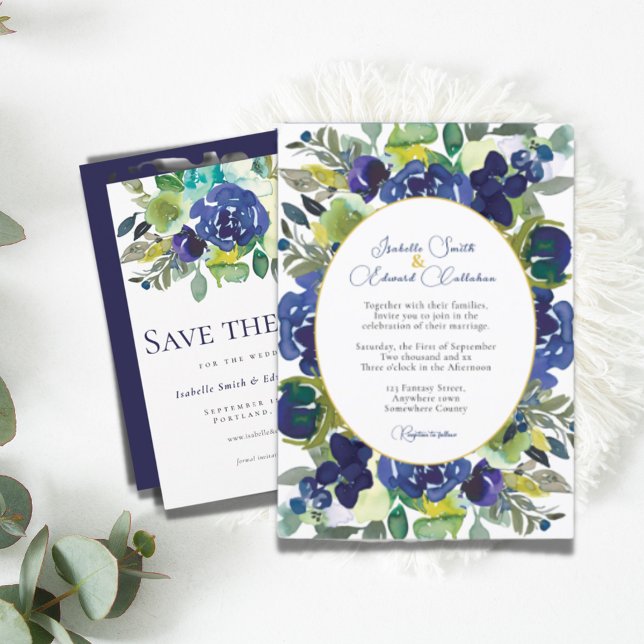 Elegant Navy White Watercolor Rose Floral Wedding Invitation (Creator Uploaded)
