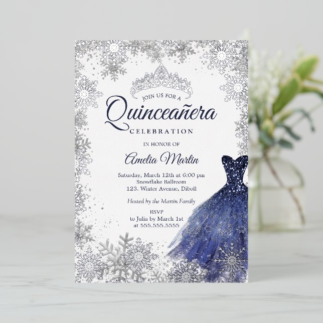Elegant Navy Winter Snowflake Quinceanera (Standing Front)
