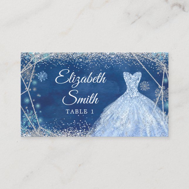 Elegant Navy Winter Snowflake Quinceañera Place Card (Front)
