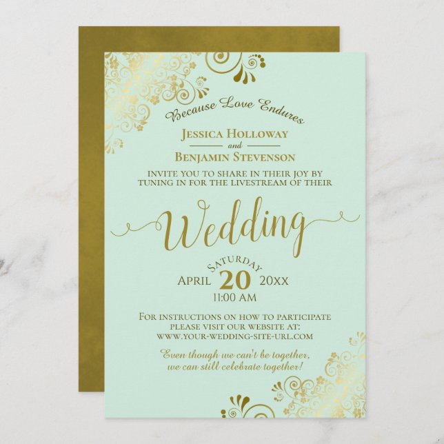 Elegant Neo Mint Green & Gold Wedding Livestream Invitation (Front/Back)