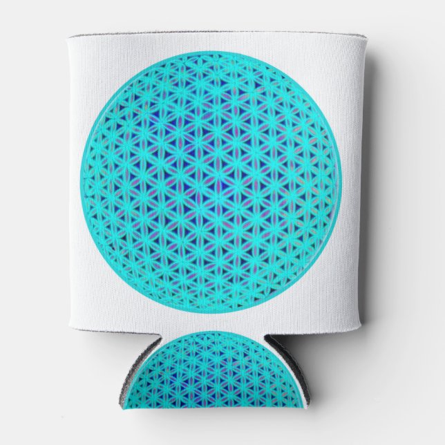Elegant neon blue teal flower of life  can cooler (Front)