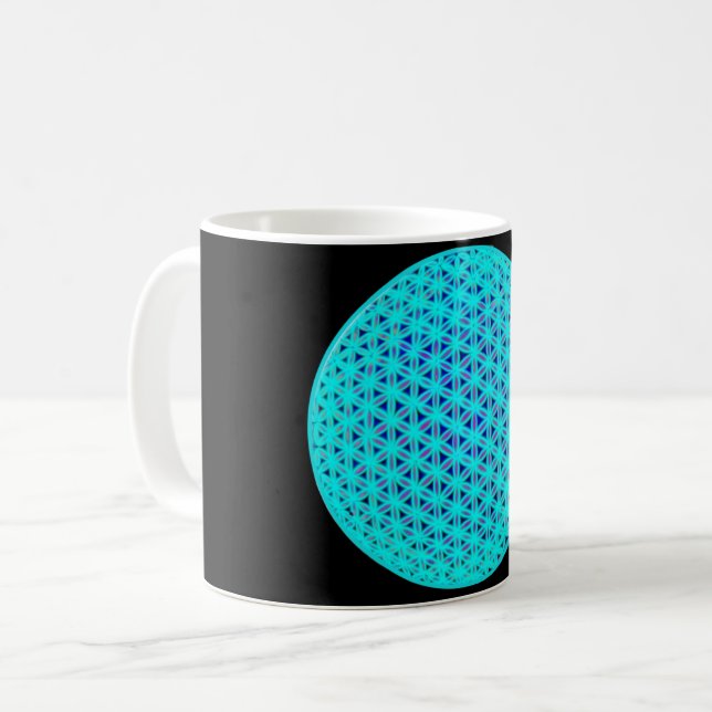 Elegant neon blue teal flower of life  coffee mug (Front Left)