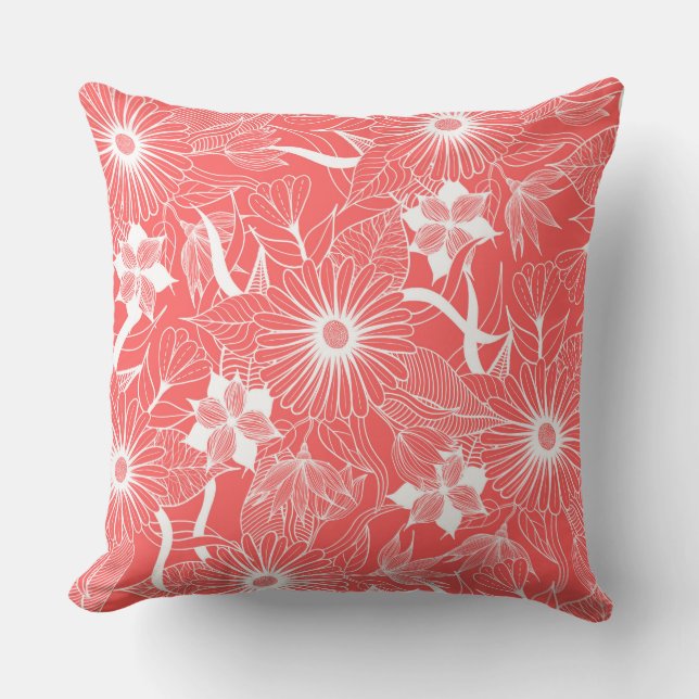 Elegant Neon Coral Pink White Floral Leaves Cushion (Front)