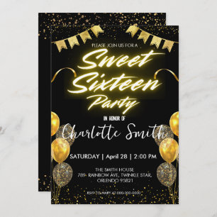 Elegant neon Gold Balloo retro Sweet 16th Birthday Invitation
