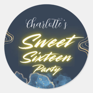 Elegant neon gold Black blue Sweet 16th Birthday Classic Round Sticker