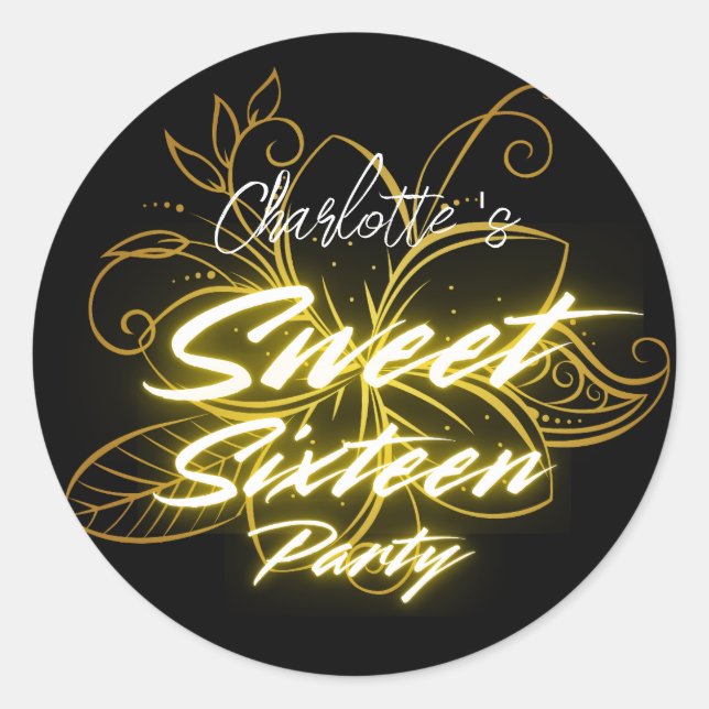 Elegant neon gold Black flower Sweet 16th Birthday Classic Round Sticker (Front)