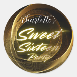 Elegant neon gold Black Retro Sweet 16th Birthday Classic Round Sticker