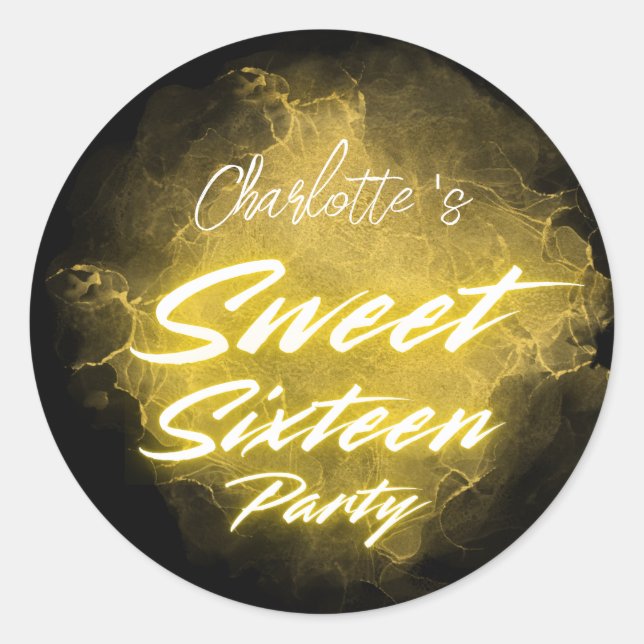 Elegant neon gold Black retro Sweet 16th Birthday  Classic Round Sticker (Front)