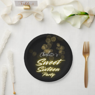 Elegant neon gold Black retro Sweet 16th Birthday  Paper Plate