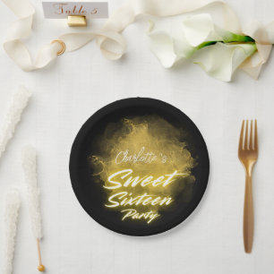 Elegant neon gold Black retro Sweet 16th Birthday  Paper Plate