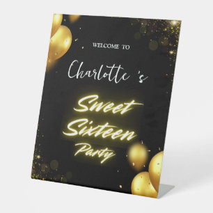 Elegant neon Gold Black retro Sweet 16th Birthday  Pedestal Sign