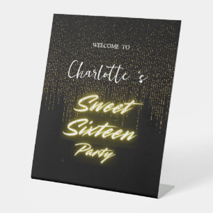 Elegant neon Gold Black retro Sweet 16th Birthday  Pedestal Sign