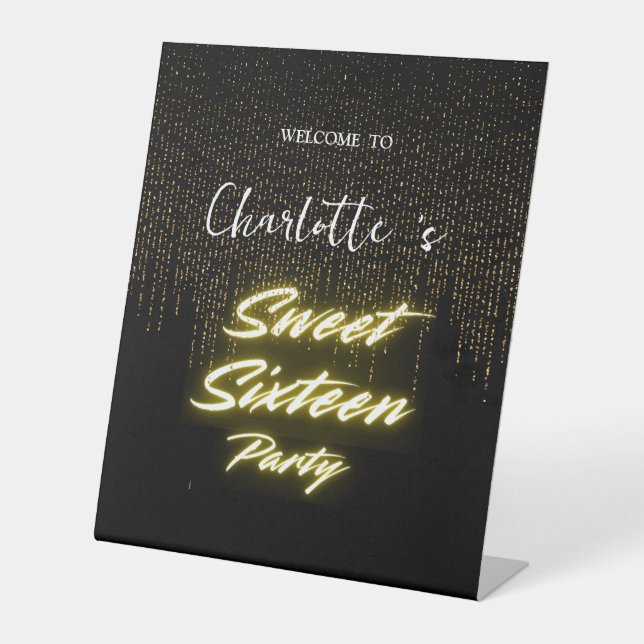 Elegant neon Gold Black retro Sweet 16th Birthday  Pedestal Sign (Front)
