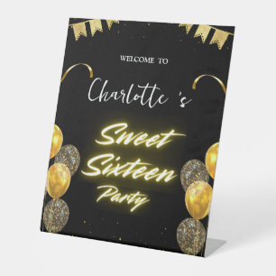 Elegant neon Gold Black retro Sweet 16th Birthday Pedestal Sign