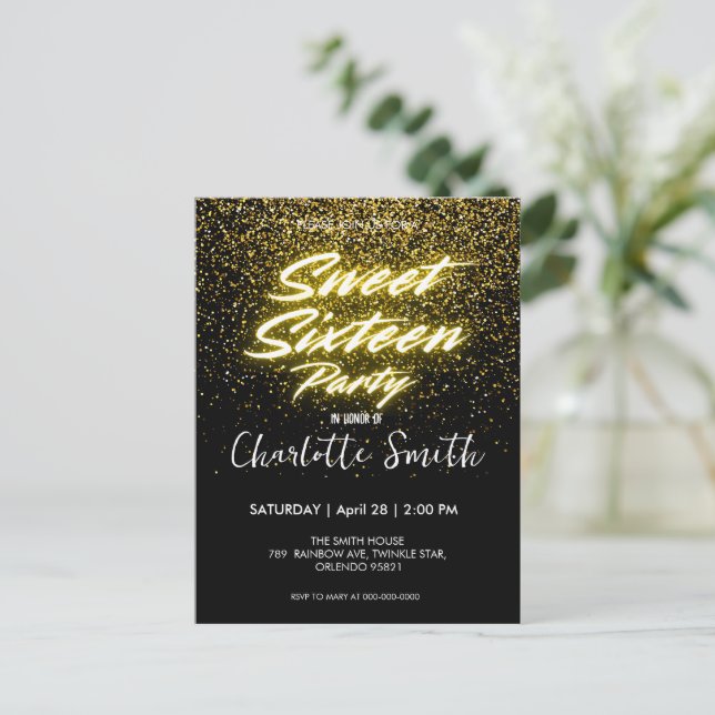 Elegant neon Gold Black retro Sweet 16th Birthday  Postcard (Standing Front)