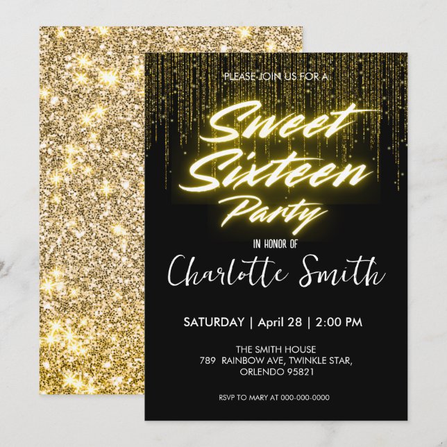 Elegant neon Gold Black retro Sweet 16th Birthday  Thank You Card (Front/Back)