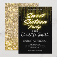 Elegant neon Gold Black retro Sweet 16th Birthday