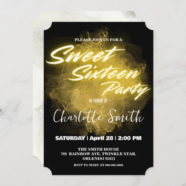 Elegant neon gold pink marble Sweet 16th Birthday Invitation (Front/Back)