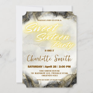 Elegant neon gold pink marble Sweet 16th Birthday Invitation