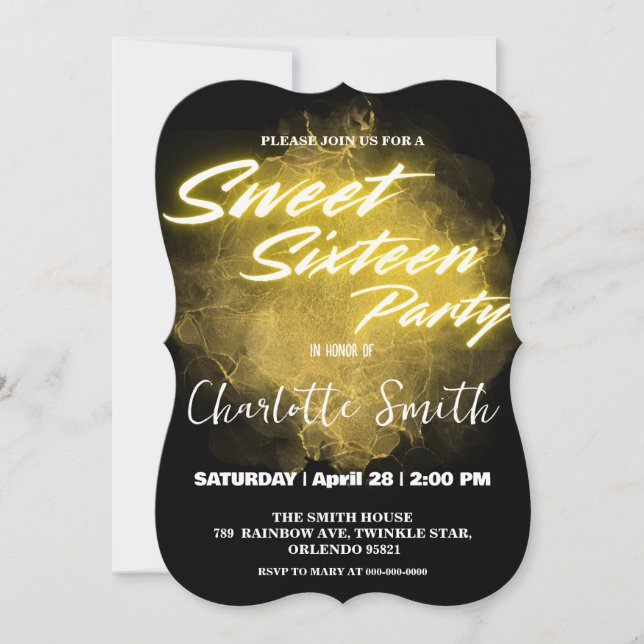 Elegant neon gold pink marble Sweet 16th Birthday Invitation (Front)