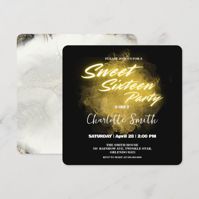 Elegant neon gold pink marble Sweet 16th Birthday Thank You Card (Front/Back)