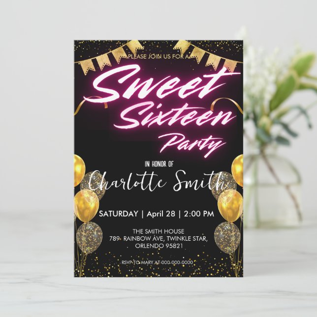 Elegant neon Gold pink retro Sweet 16th Birthday Invitation (Standing Front)