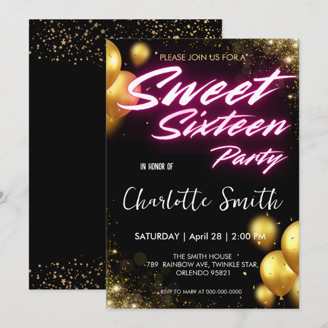 Elegant neon Gold pink retro Sweet 16th Birthday Invitation (Front/Back)