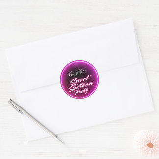 Elegant neon Pink Black Retro Sweet 16th Birthday Classic Round Sticker