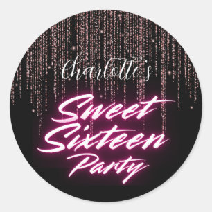 Elegant neon Pink Black Retro Sweet 16th Birthday Classic Round Sticker