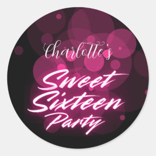 Elegant neon Pink Black Retro Sweet 16th Birthday Classic Round Sticker